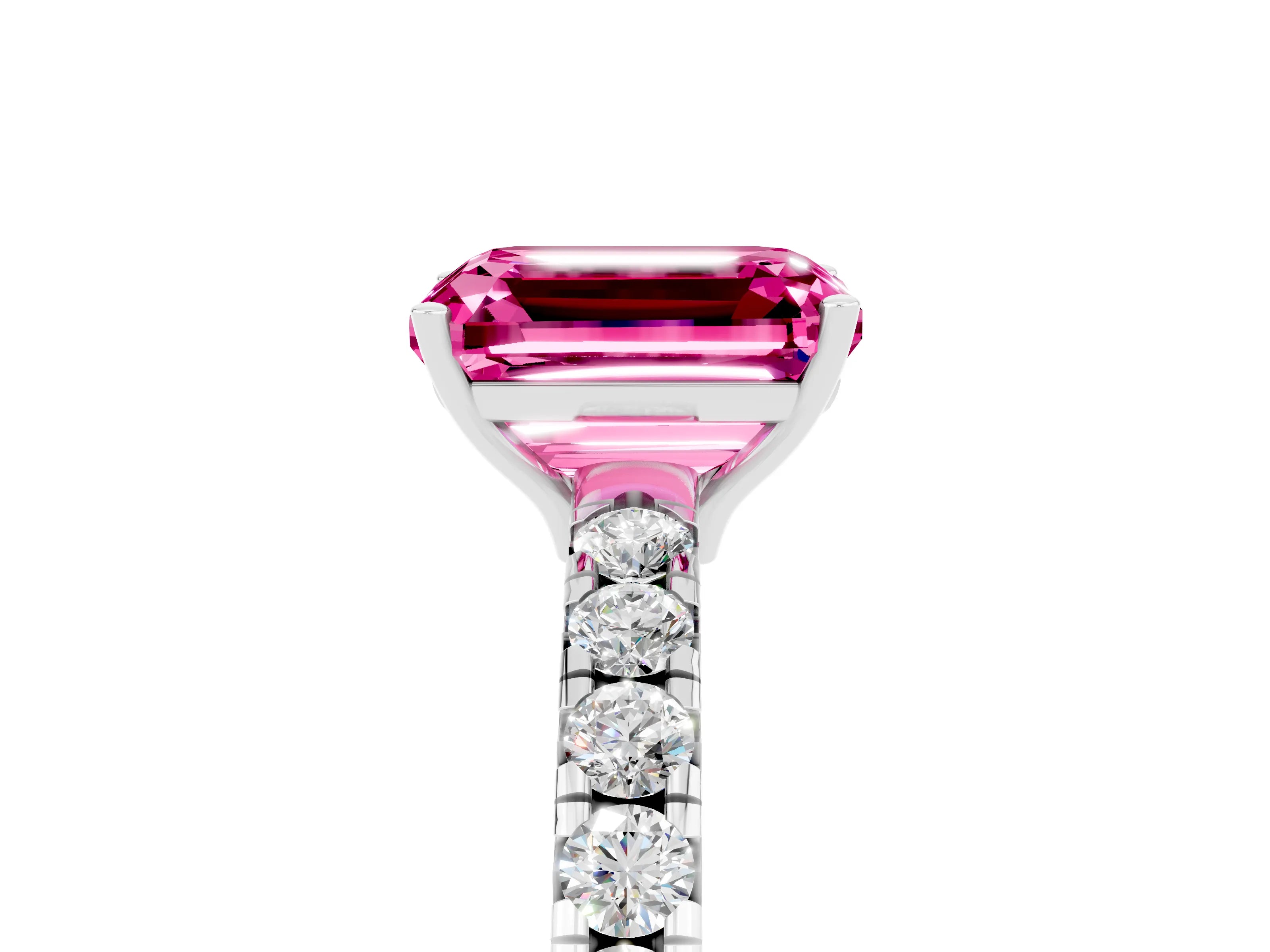 White gold Emerald Cut Pink Sapphire Pavé Solitaire Engagement Ring with Four-Prong Setting_17