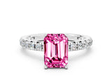 White gold Emerald Cut Pink Sapphire Pavé Solitaire Ring with Round Band and Prong Setting_12