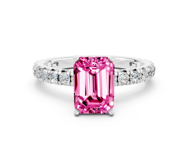 Silver Emerald Cut Pink Sapphire Pavé Solitaire Ring with Round Band and Prong Setting