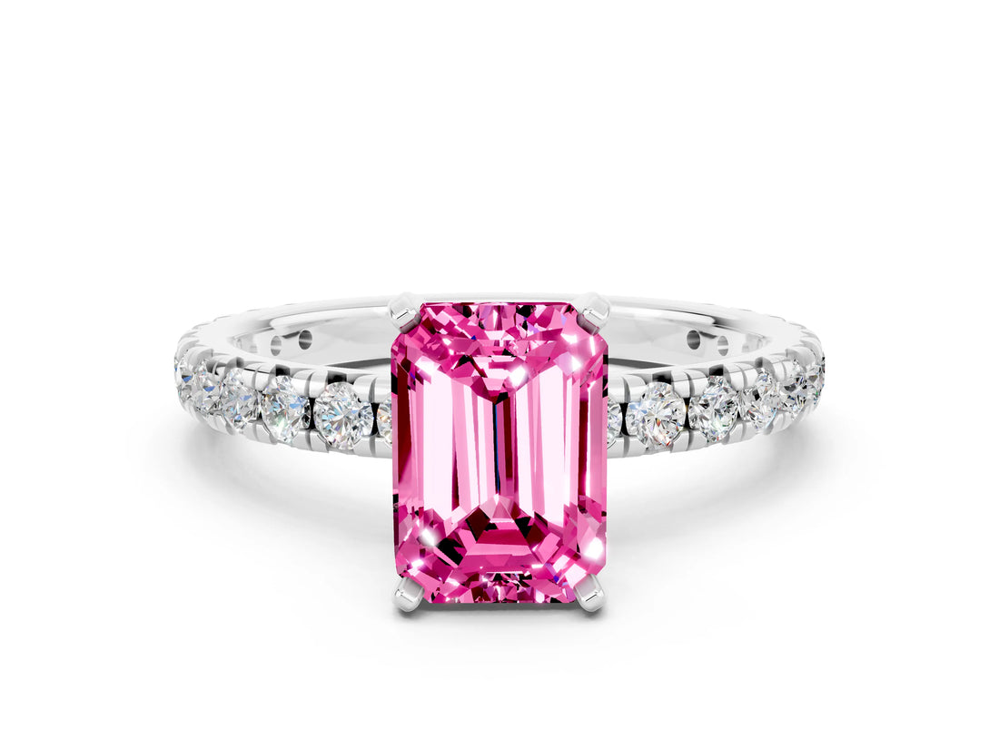 White gold Emerald Cut Pink Sapphire Pavé Solitaire Ring with Round Band and Prong Setting_12