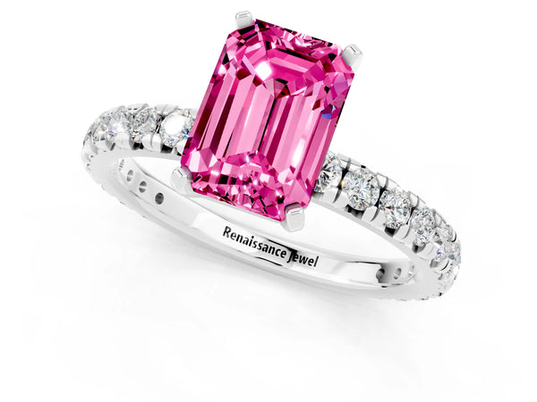 Platinum Emerald Cut Pink Sapphire Pavé Solitaire Ring with Round Band and Prong Setting