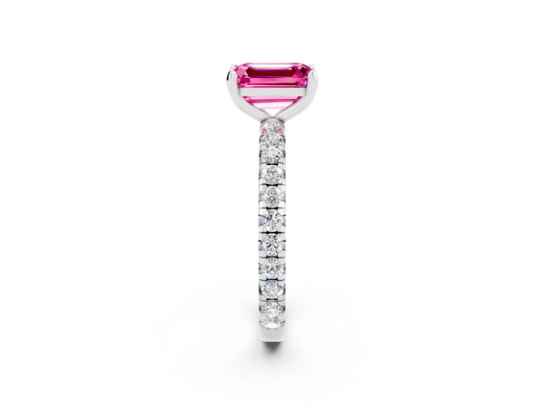 Platinum Emerald Cut Pink Sapphire Pavé Solitaire Ring with Round Band and Prong Setting