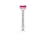 White gold Emerald Cut Pink Sapphire Pavé Solitaire Ring with Round Band and Prong Setting_14