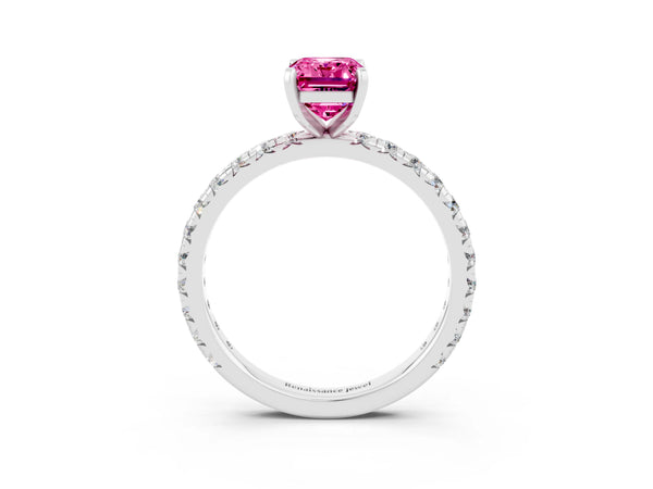 Silver Emerald Cut Pink Sapphire Pavé Solitaire Ring with Round Band and Prong Setting