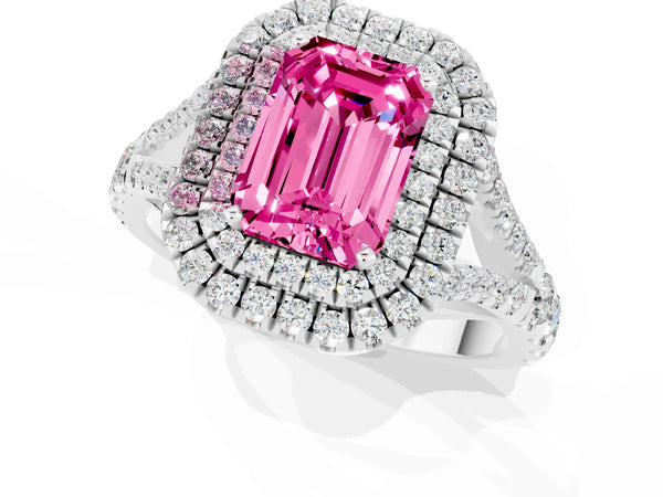 Silver Emerald Cut Pink Sapphire Pavé Split Shank Double Halo Engagement Ring