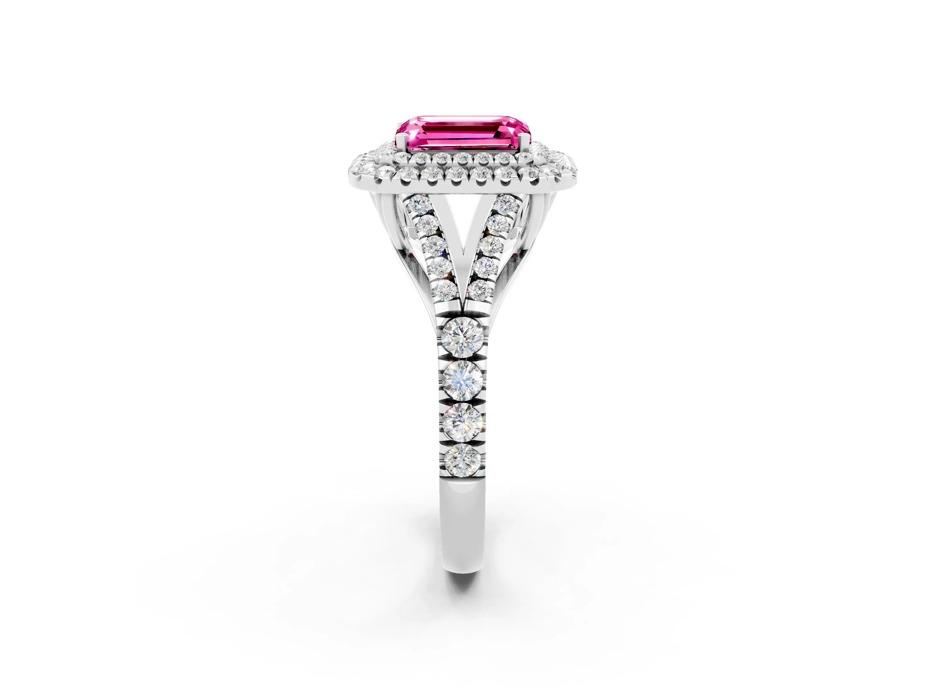 White gold Emerald Cut Pink Sapphire Pavé Split Shank Double Halo Engagement Ring_11