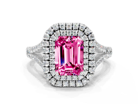 White gold Emerald Cut Pink Sapphire Pavé Split Shank Double Halo Engagement Ring_12