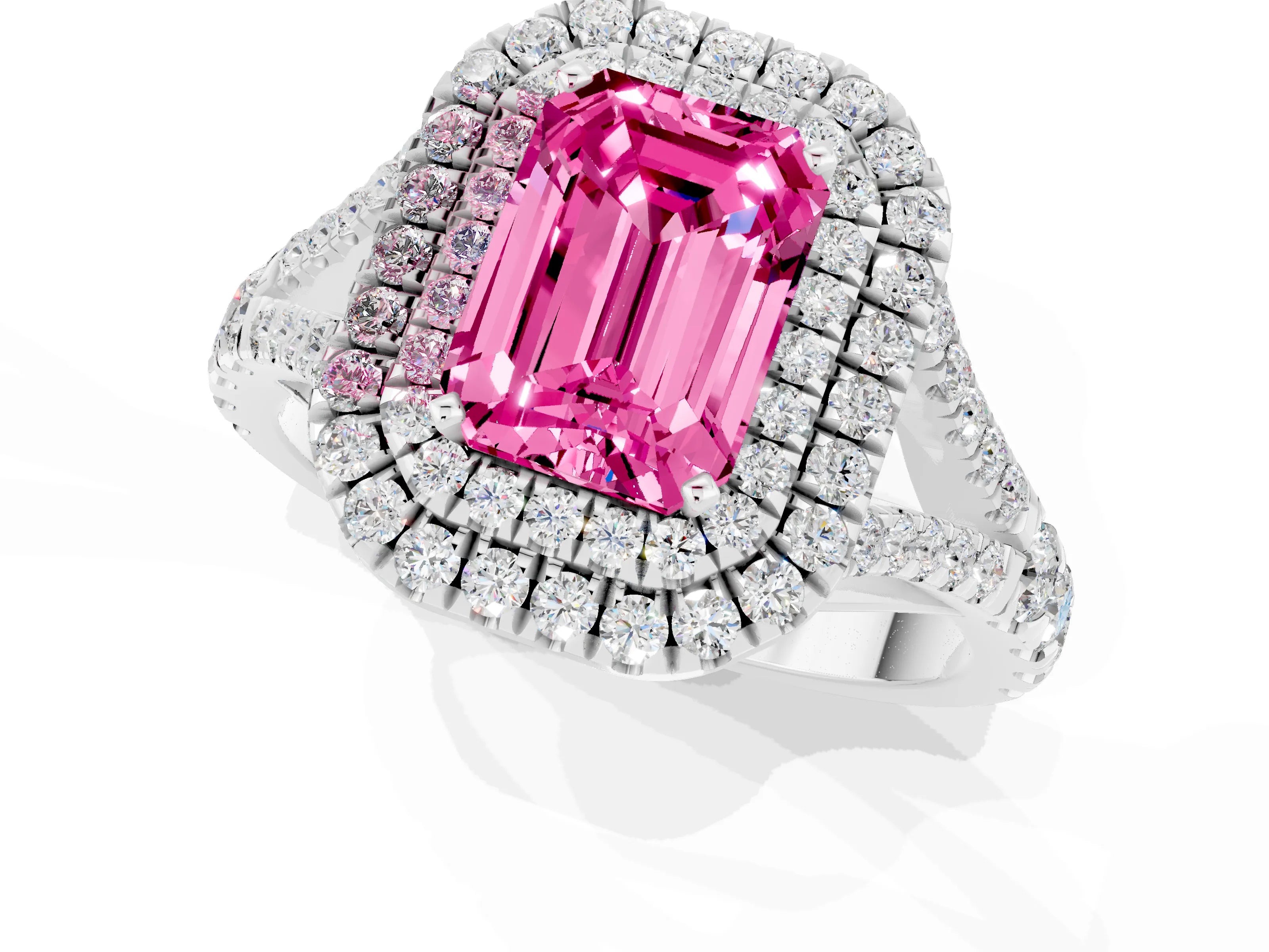 White gold Emerald Cut Pink Sapphire Pavé Split Shank Double Halo Engagement Ring_13