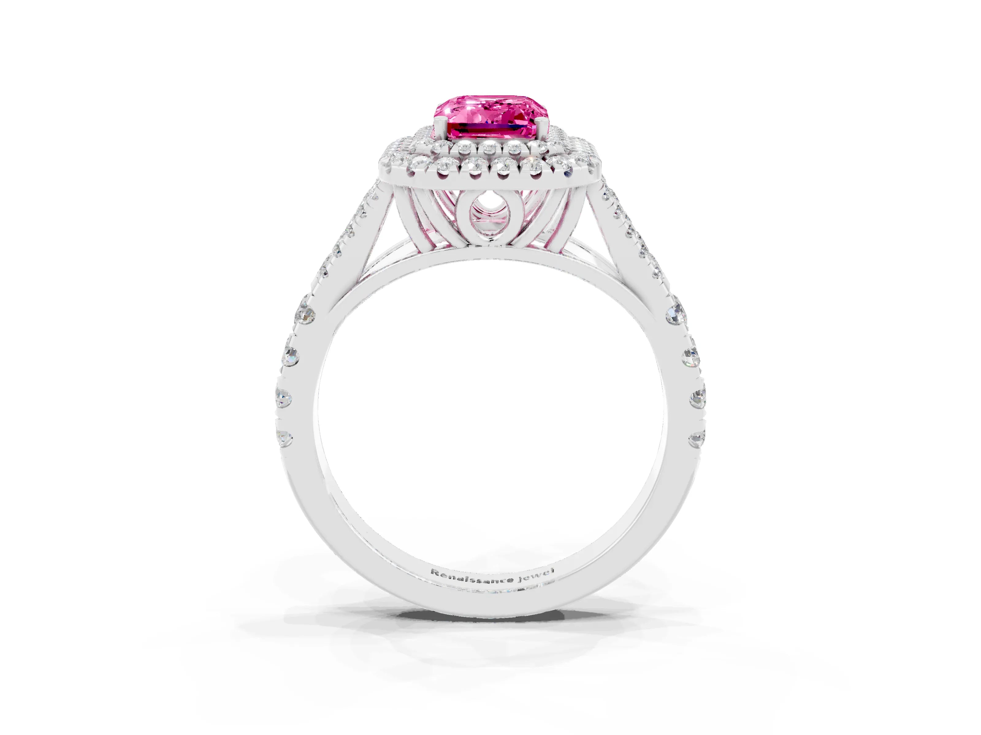 White gold Emerald Cut Pink Sapphire Pavé Split Shank Double Halo Engagement Ring_15