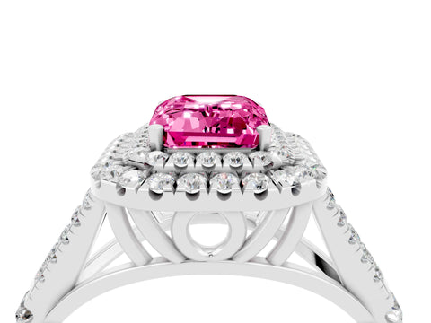 White gold Emerald Cut Pink Sapphire Pavé Split Shank Double Halo Engagement Ring_16