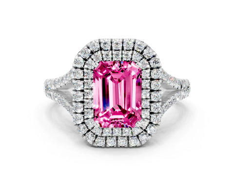 White gold Emerald Cut Pink Sapphire Pavé Split Shank Double Halo Engagement Ring_21