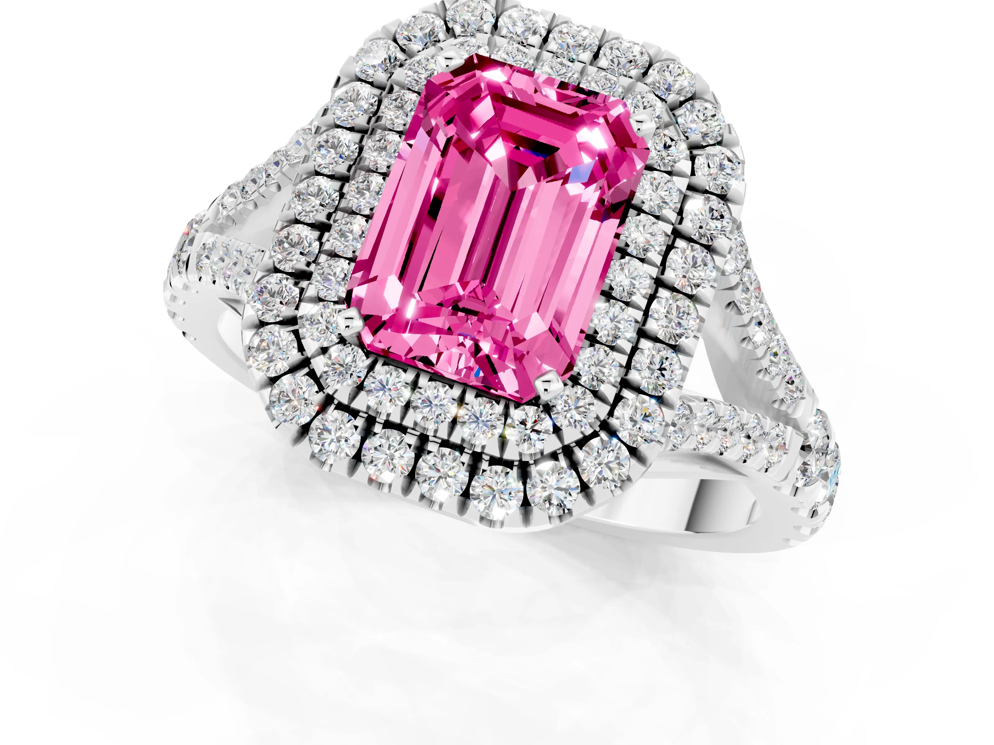 White gold Emerald Cut Pink Sapphire Pavé Split Shank Double Halo Engagement Ring_22