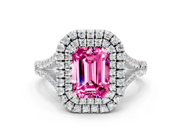 Platinum Emerald Cut Pink Sapphire Pavé Split Shank Double Halo Engagement Ring