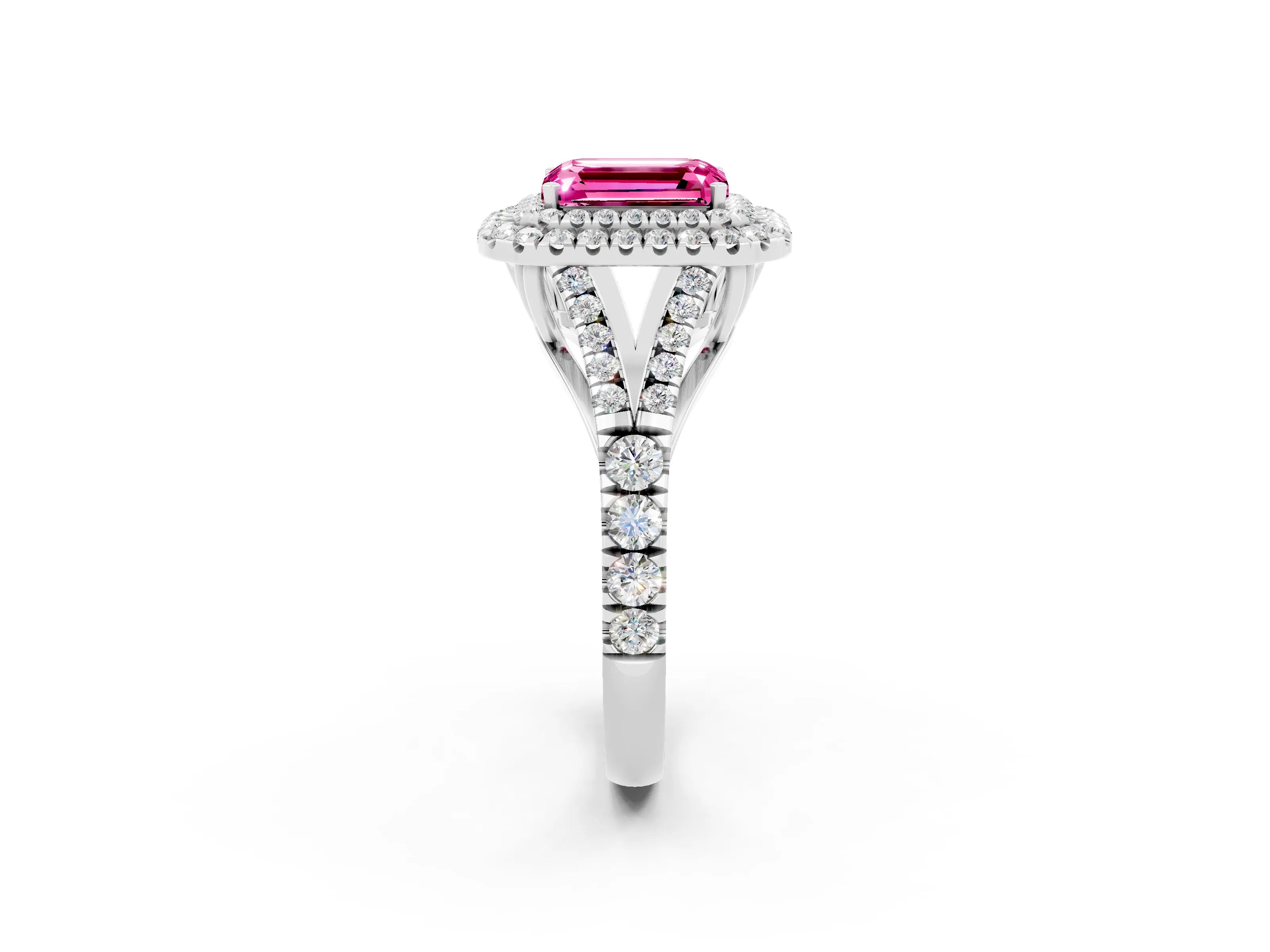 White gold Emerald Cut Pink Sapphire Pavé Split Shank Double Halo Engagement Ring_2