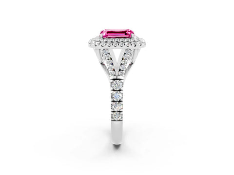 White gold Emerald Cut Pink Sapphire Pavé Split Shank Double Halo Engagement Ring_2