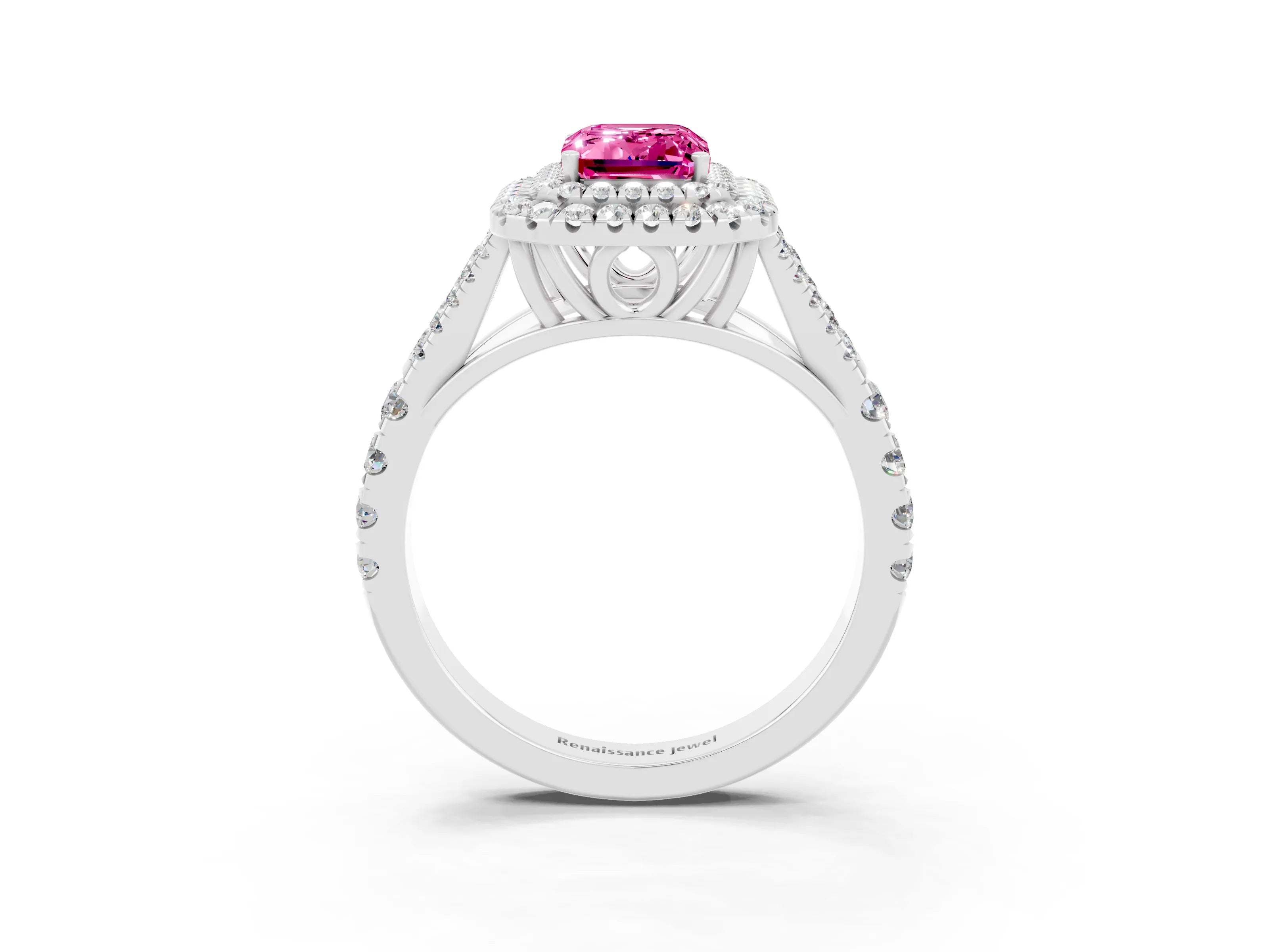 White gold Emerald Cut Pink Sapphire Pavé Split Shank Double Halo Engagement Ring_3