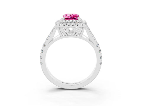 White gold Emerald Cut Pink Sapphire Pavé Split Shank Double Halo Engagement Ring_3