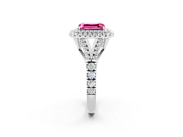 White gold Emerald Cut Pink Sapphire Pavé Split Shank Double Halo Engagement Ring