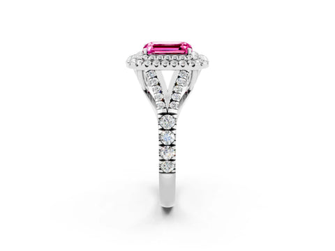 White gold Emerald Cut Pink Sapphire Pavé Split Shank Double Halo Engagement Ring_8