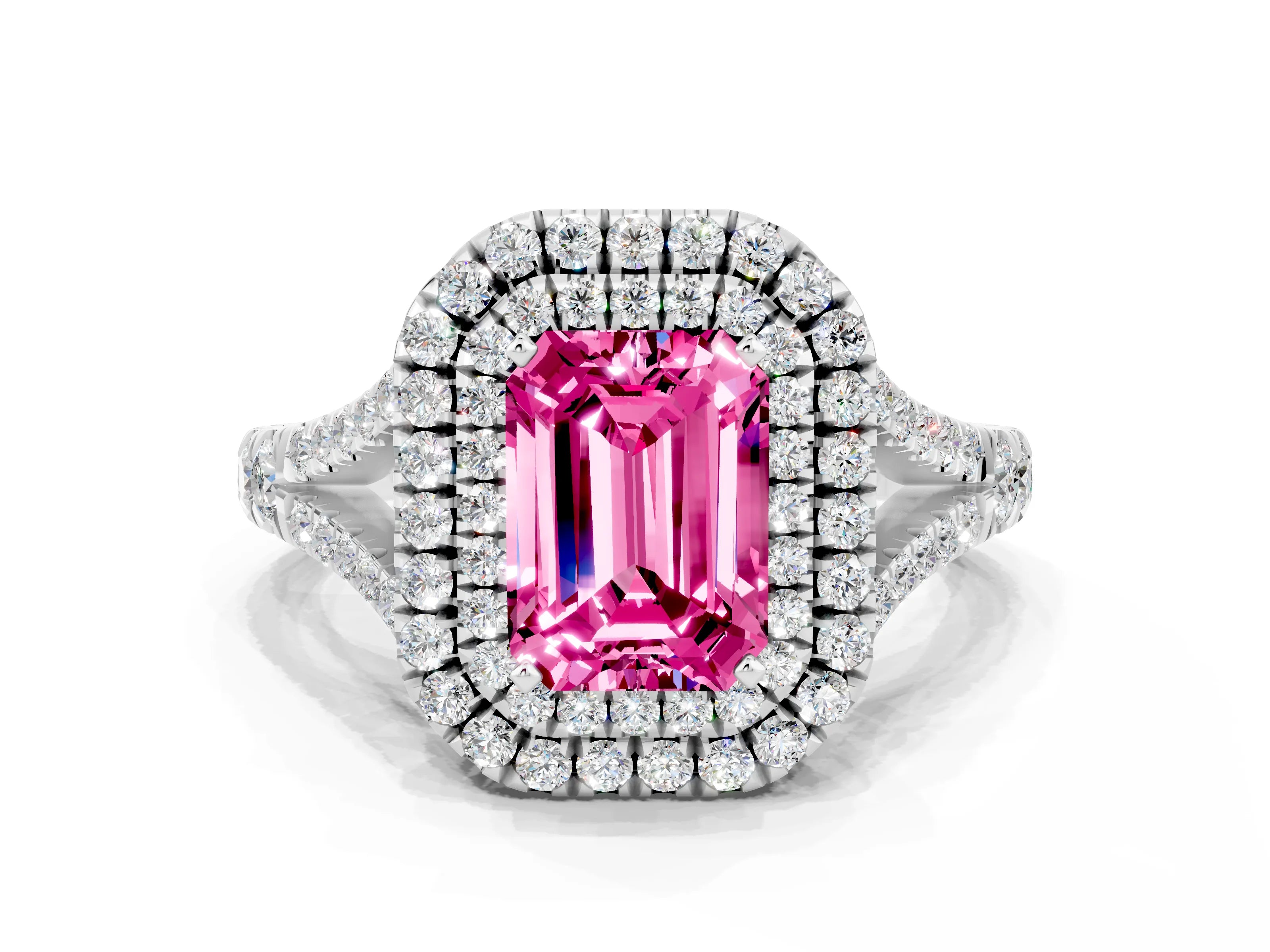 White gold Emerald Cut Pink Sapphire Pavé Split Shank Double Halo Engagement Ring_9