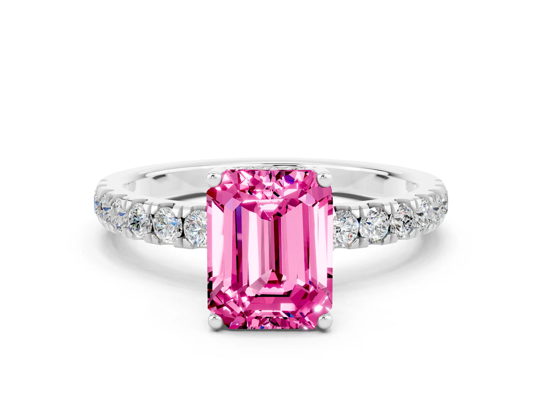 White gold Emerald Cut Pink Sapphire Pave Band Solitaire Ring with Four-Prong Setting_60
