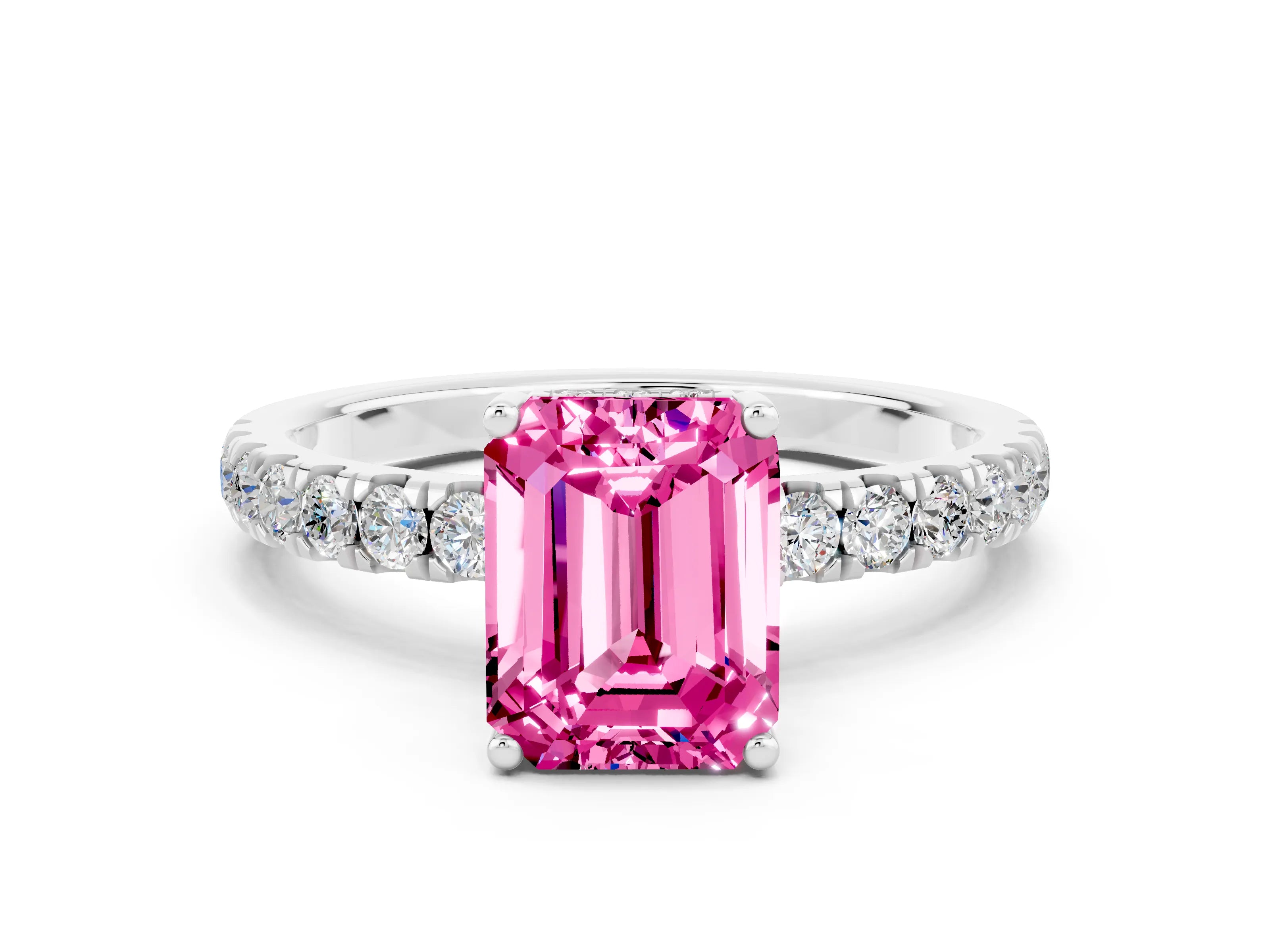 White gold Emerald Cut Pink Sapphire Pave Band Solitaire Ring with Four-Prong Setting_60