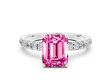 White gold Emerald Cut Pink Sapphire Pave Band Solitaire Ring with Four-Prong Setting_60