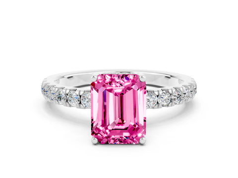 White gold Emerald Cut Pink Sapphire Pave Band Solitaire Ring with Four-Prong Setting_60