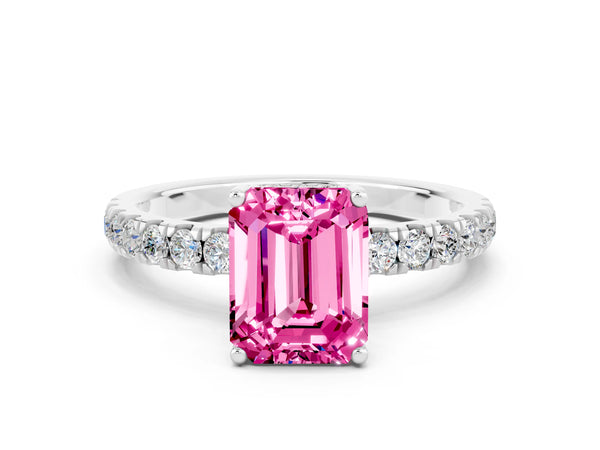Silver Emerald Cut Pink Sapphire Pave Band Solitaire Ring with Round  and Prong Setting