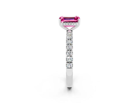 White gold Emerald Cut Pink Sapphire Pave Band Solitaire Ring with Four-Prong Setting_62