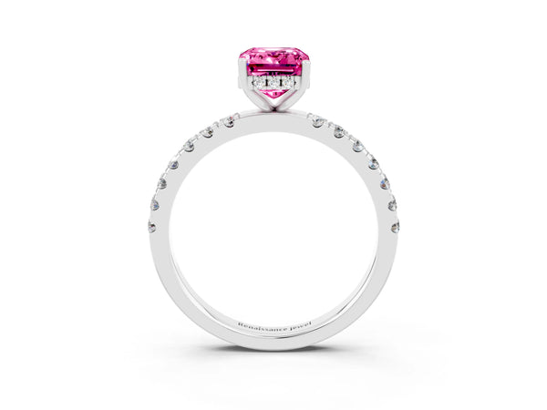 Platinum Emerald Cut Pink Sapphire Pave Band Solitaire Ring with Round  and Prong Setting