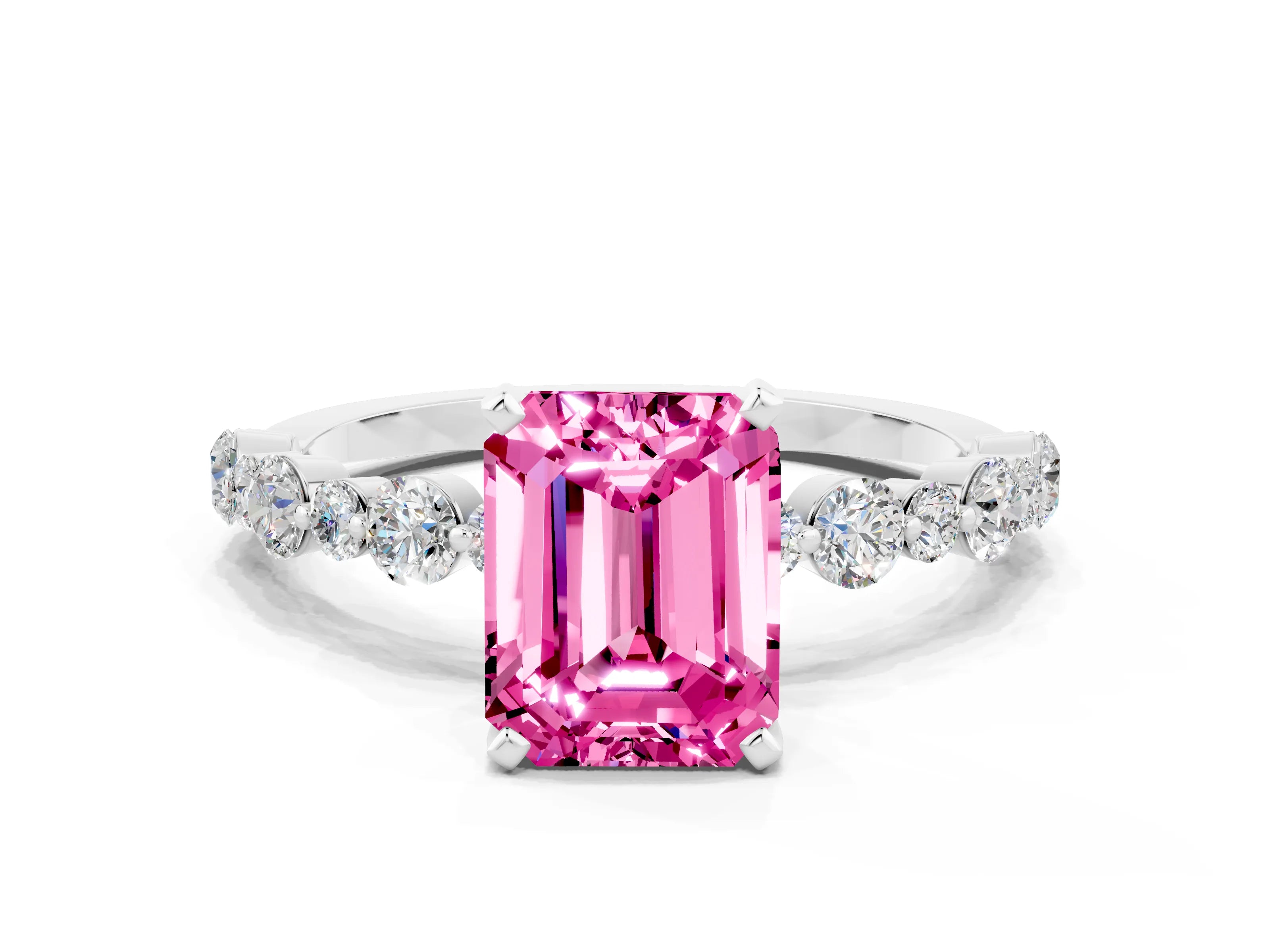 White gold Emerald Cut Pink Sapphire Prong Set Engagement Ring with Pavé Band_12