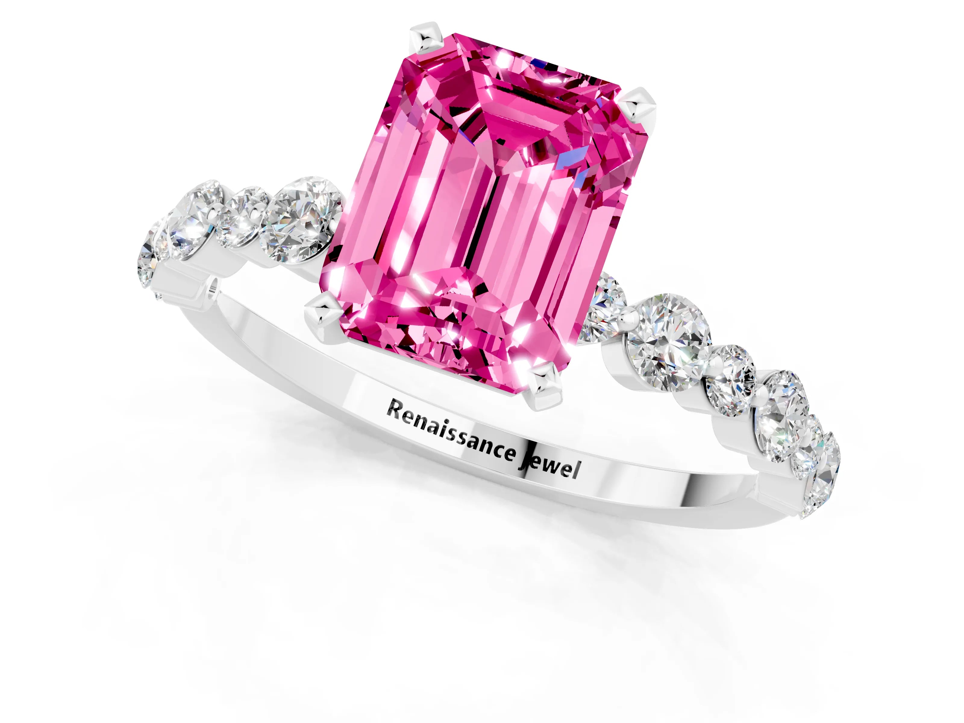 White gold Emerald Cut Pink Sapphire Prong Set Engagement Ring with Pavé Band_13
