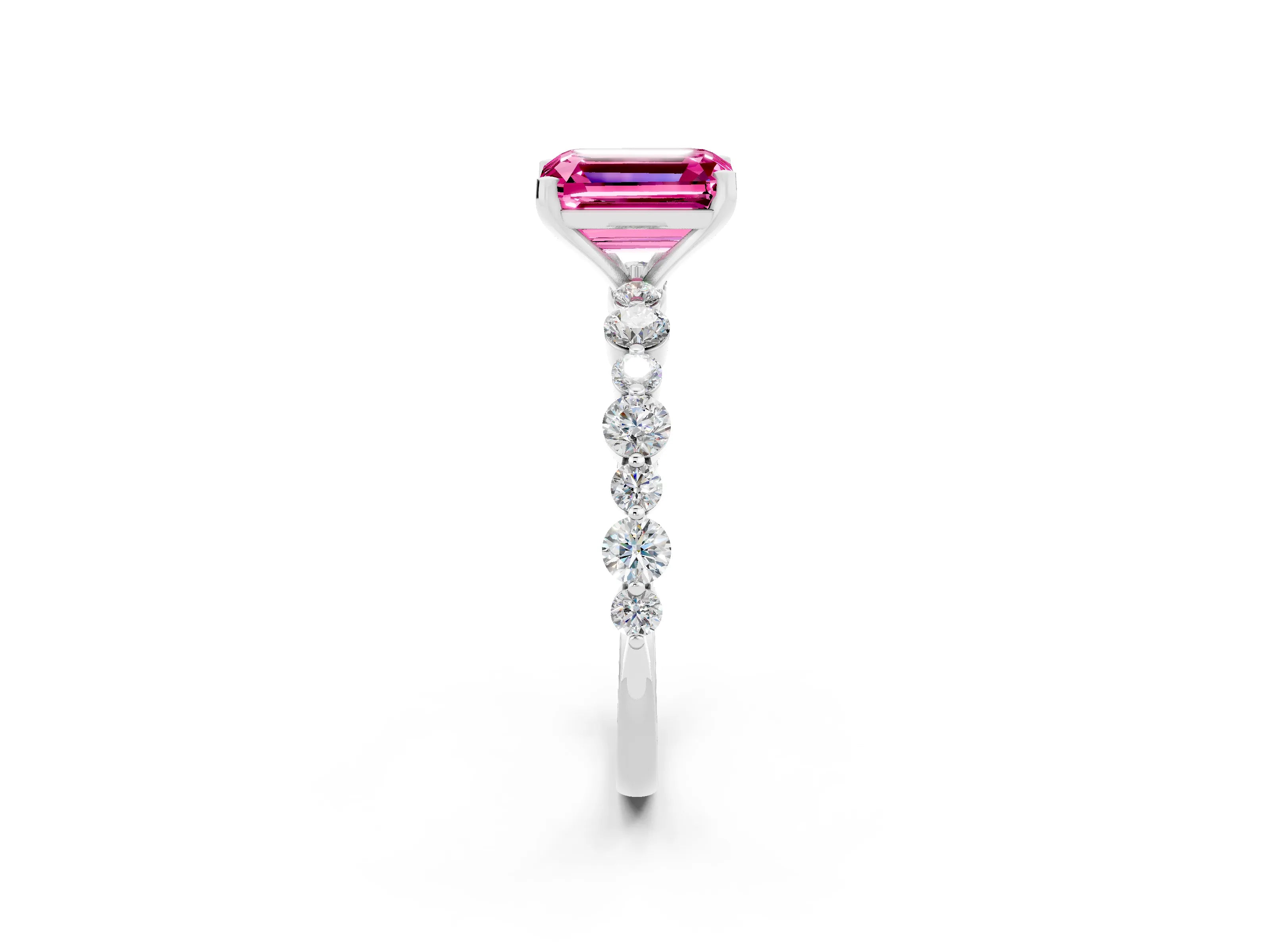 White gold Emerald Cut Pink Sapphire Prong Set Engagement Ring with Pavé Band_14
