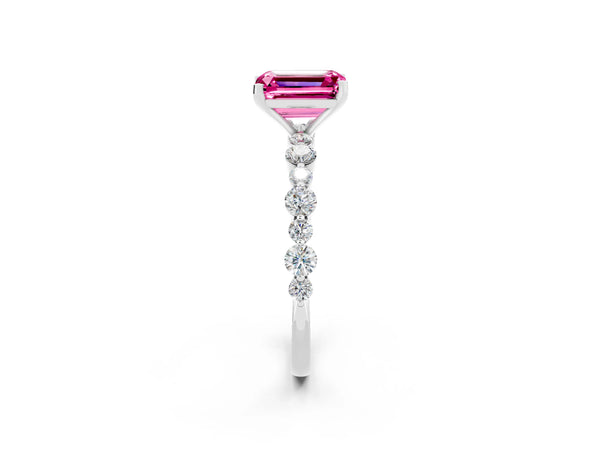 White gold Emerald Cut Pink Sapphire Prong Set Engagement Ring with Pavé Band