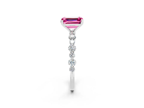 White gold Emerald Cut Pink Sapphire Prong Set Engagement Ring with Pavé Band_14