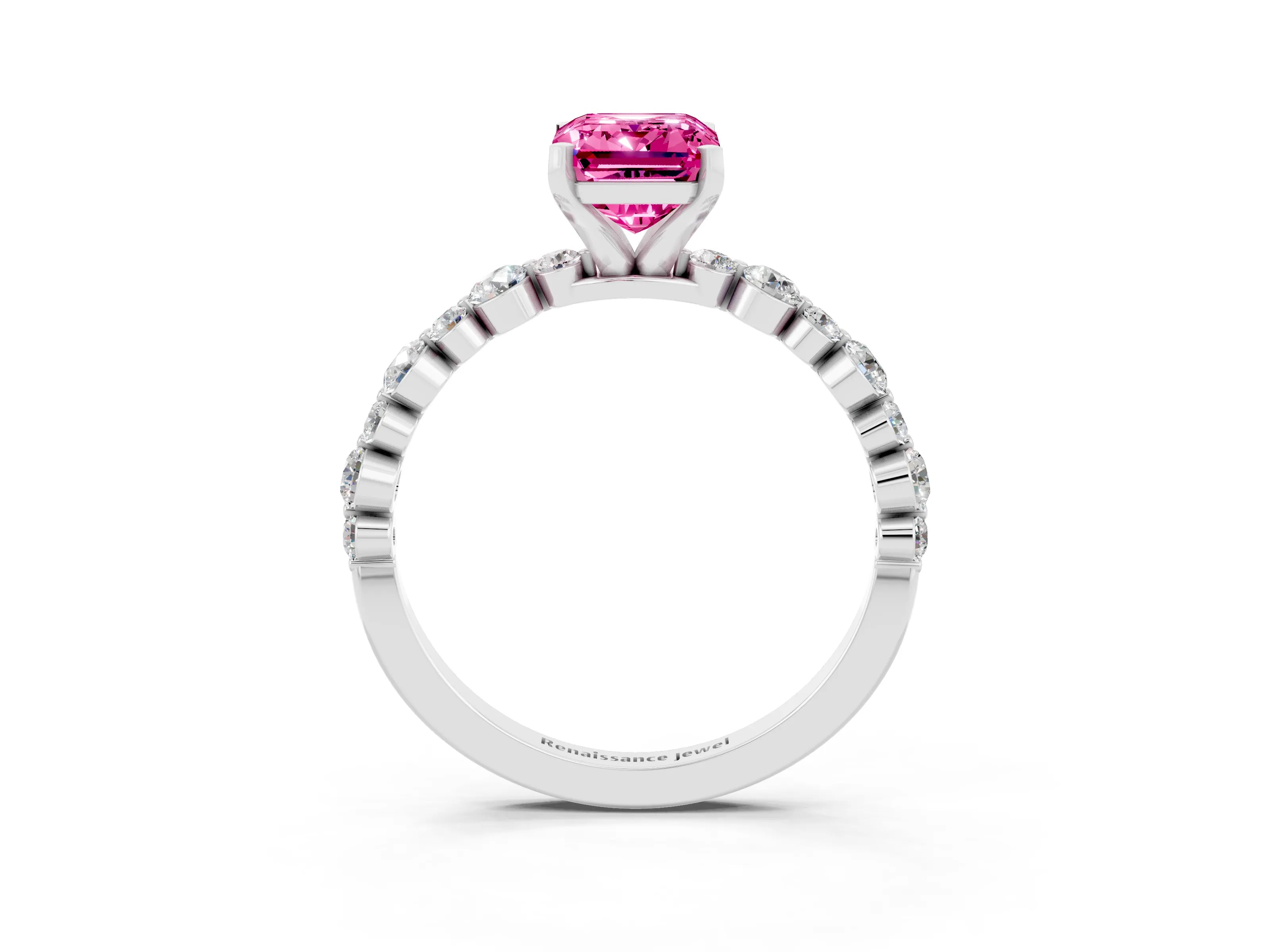 White gold Emerald Cut Pink Sapphire Prong Set Engagement Ring with Pavé Band_15