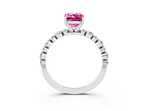 White gold Emerald Cut Pink Sapphire Prong Set Engagement Ring with Pavé Band_15