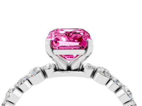 White gold Emerald Cut Pink Sapphire Prong Set Engagement Ring with Pavé Band_16