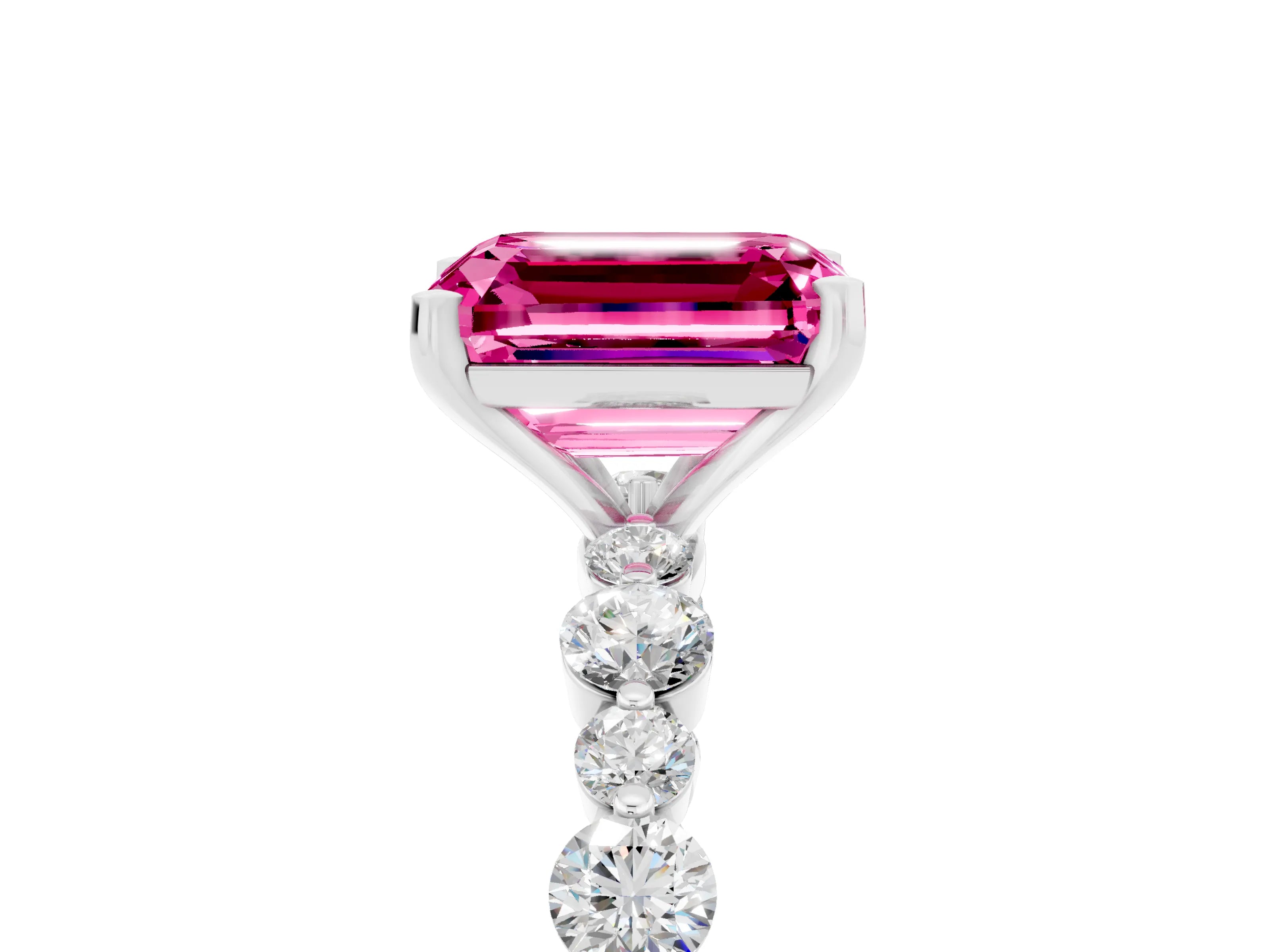White gold Emerald Cut Pink Sapphire Prong Set Engagement Ring with Pavé Band_17