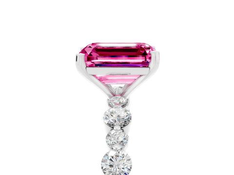 White gold Emerald Cut Pink Sapphire Prong Set Engagement Ring with Pavé Band_17
