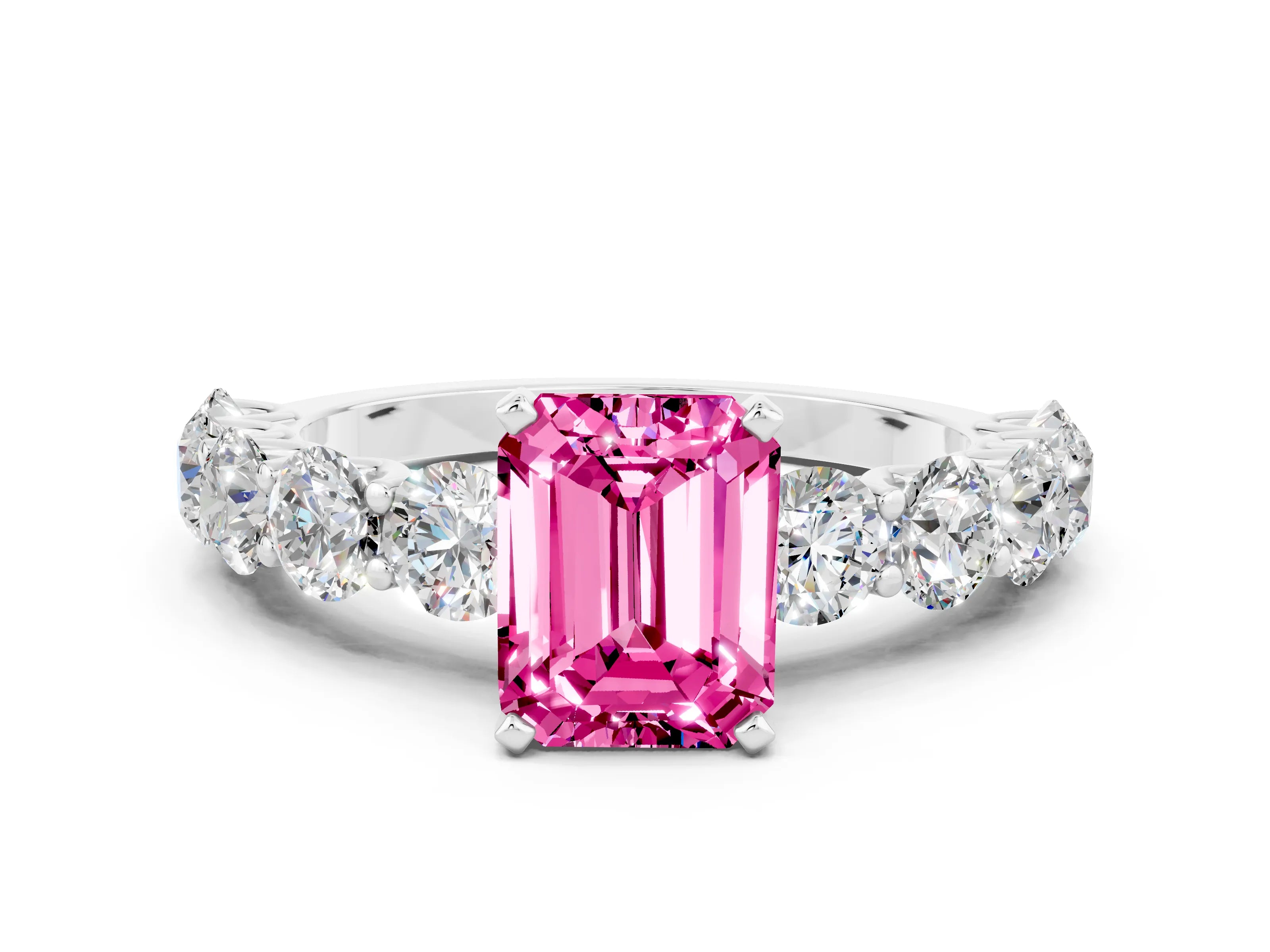 White gold Emerald Cut Pink Sapphire Prong Setting with Side Stones on a Pave Band_24