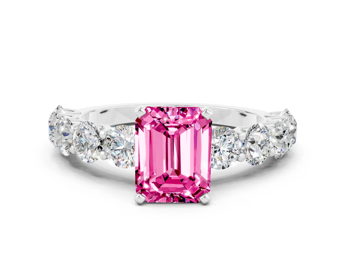 White gold Emerald Cut Pink Sapphire Prong Setting with Side Stones on a Pave Band_24