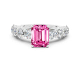 White gold Emerald Cut Pink Sapphire Prong Setting with Side Stones on a Pave Band_24