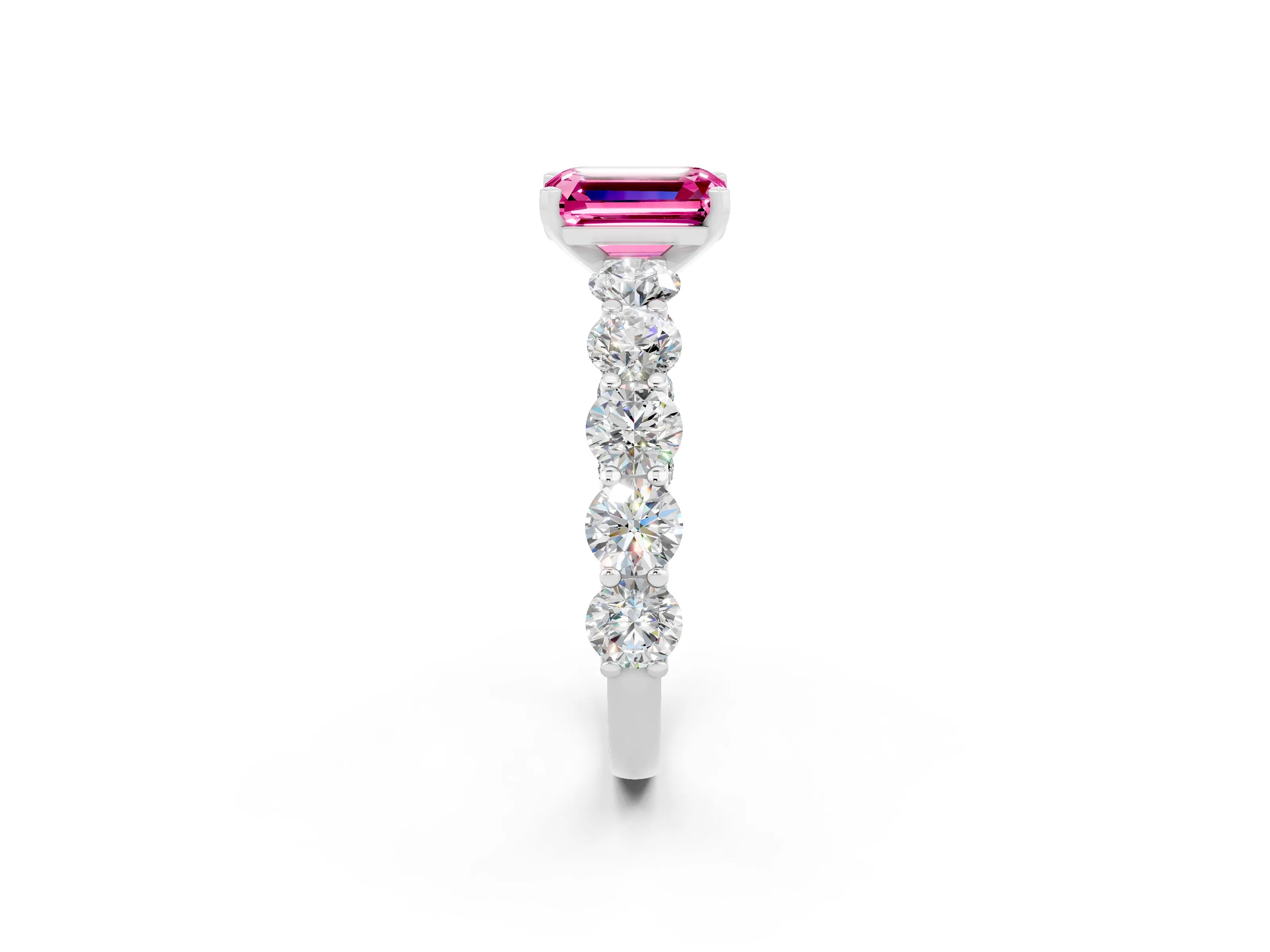 White gold Emerald Cut Pink Sapphire Prong Setting with Side Stones on a Pave Band_26