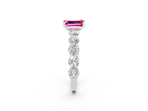 White gold Emerald Cut Pink Sapphire Prong Setting with Side Stones on a Pave Band_26