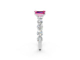 White gold Emerald Cut Pink Sapphire Prong Setting with Side Stones on a Pave Band_26
