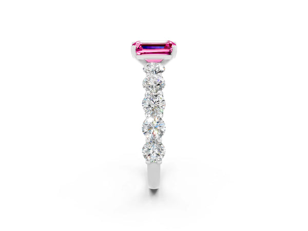 Silver Emerald Cut Pink Sapphire Prong Setting with Side Stones on a Pave Band