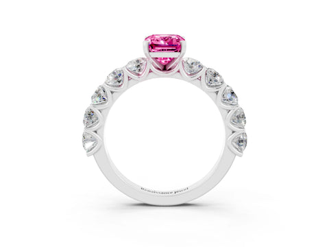 White gold Emerald Cut Pink Sapphire Prong Setting with Side Stones on a Pave Band_27