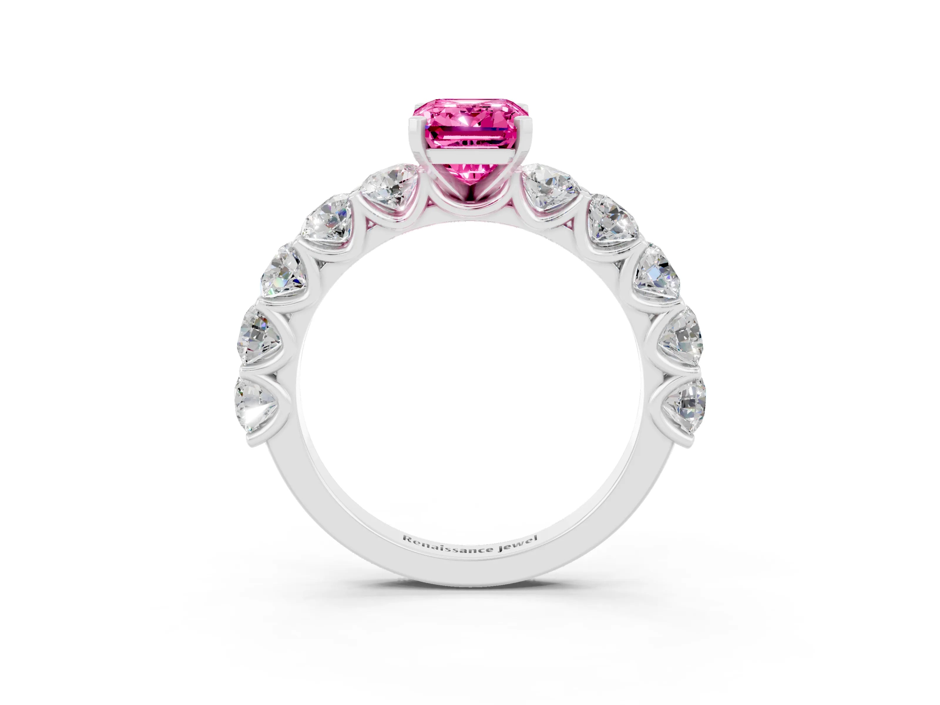 White gold Emerald Cut Pink Sapphire Prong Setting with Side Stones on a Pave Band_27